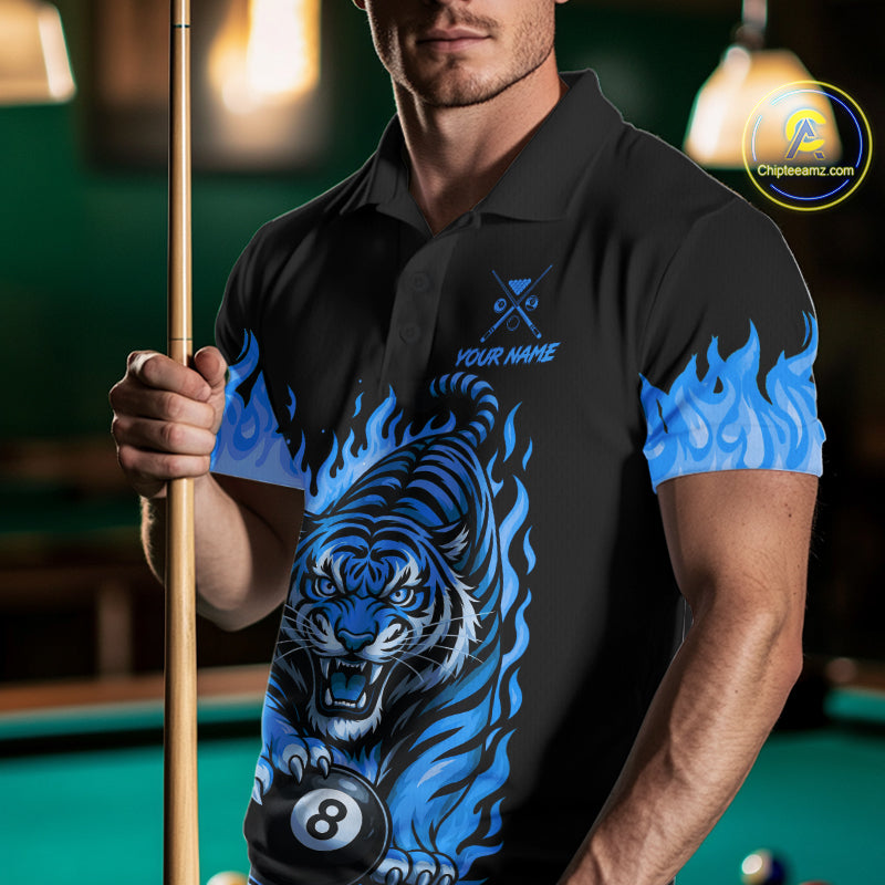 Black And Blue Flame Tiger Billiard Shirts For Men Custom 8 Ball & 9 Ball Pool Team Jersey TDM7308