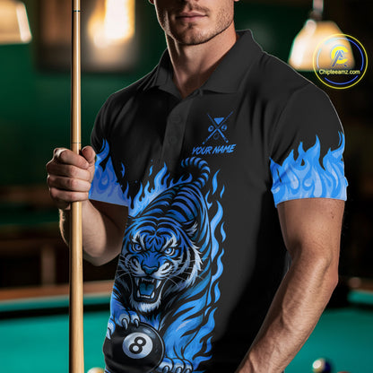 Black And Blue Flame Tiger Billiard Shirts For Men Custom 8 Ball & 9 Ball Pool Team Jersey TDM7308