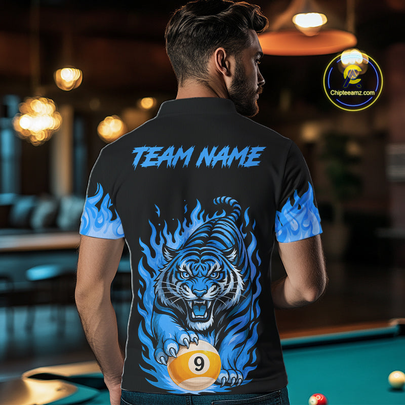 Black And Blue Flame Tiger Billiard Shirts For Men Custom 8 Ball & 9 Ball Pool Team Jersey TDM7308