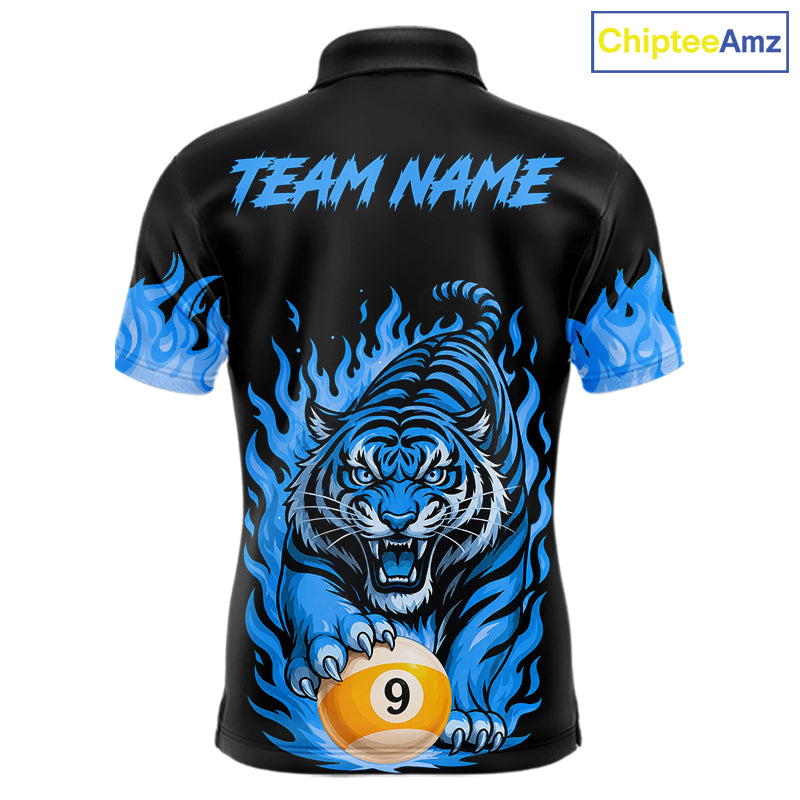 Black And Blue Flame Tiger Billiard Shirts For Men Custom 8 Ball & 9 Ball Pool Team Jersey TDM7308