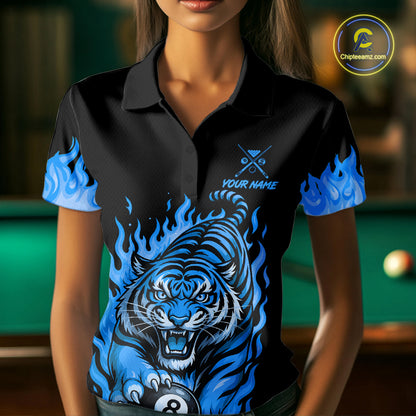 Black And Blue Flame Tiger Billiard Shirts For Women Custom 8 Ball & 9 Ball Pool Team Jersey TDM7308