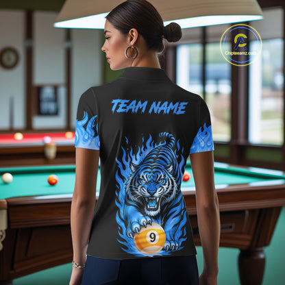 Black And Blue Flame Tiger Billiard Shirts For Women Custom 8 Ball & 9 Ball Pool Team Jersey TDM7308