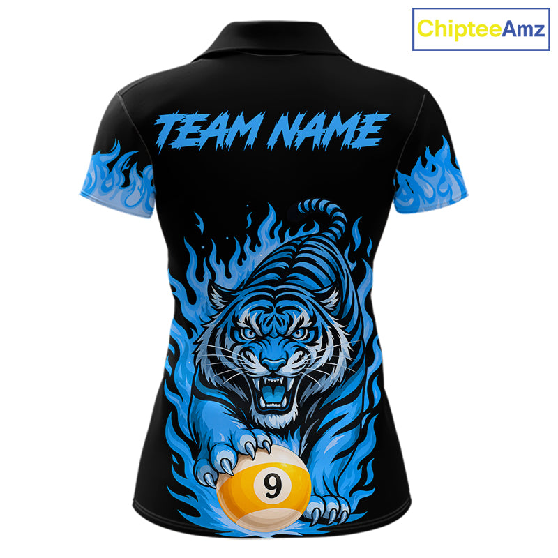 Black And Blue Flame Tiger Billiard Shirts For Women Custom 8 Ball & 9 Ball Pool Team Jersey TDM7308