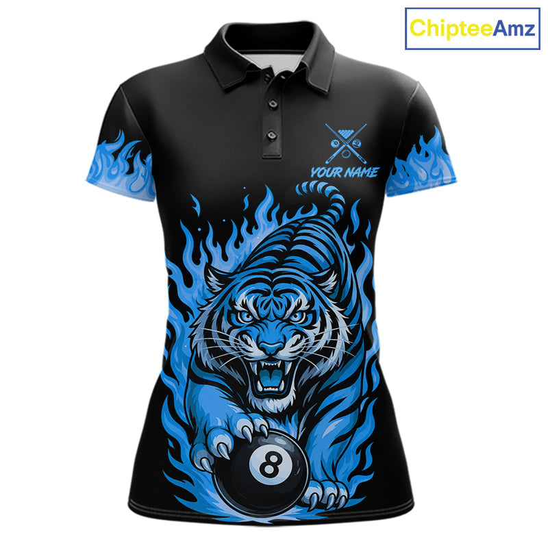 Black And Blue Flame Tiger Billiard Shirts For Women Custom 8 Ball & 9 Ball Pool Team Jersey TDM7308