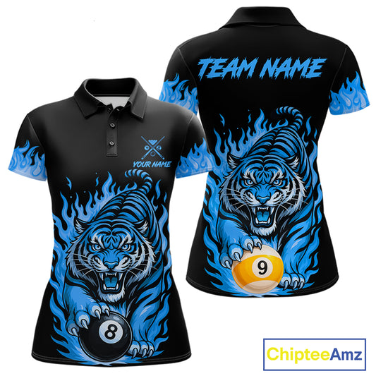 Black And Blue Flame Tiger Billiard Shirts For Women Custom 8 Ball & 9 Ball Pool Team Jersey TDM7308