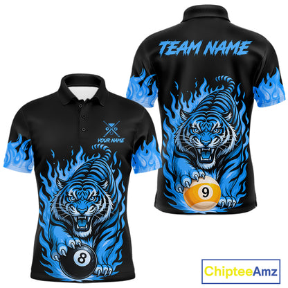 Black And Blue Flame Tiger Billiard Shirts For Men Custom 8 Ball & 9 Ball Pool Team Jersey TDM7308