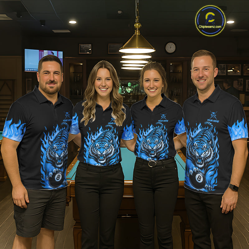Black And Blue Flame Tiger Billiard Shirts For Women Custom 8 Ball & 9 Ball Pool Team Jersey TDM7308