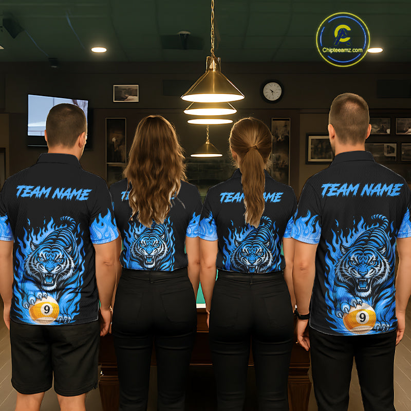 Black And Blue Flame Tiger Billiard Shirts For Women Custom 8 Ball & 9 Ball Pool Team Jersey TDM7308