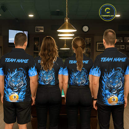 Black And Blue Flame Tiger Billiard Shirts For Women Custom 8 Ball & 9 Ball Pool Team Jersey TDM7308
