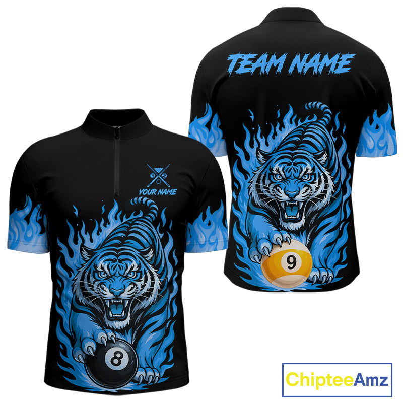Black And Blue Flame Tiger Billiard Shirts For Men Custom 8 Ball & 9 Ball Pool Team Jersey TDM7308