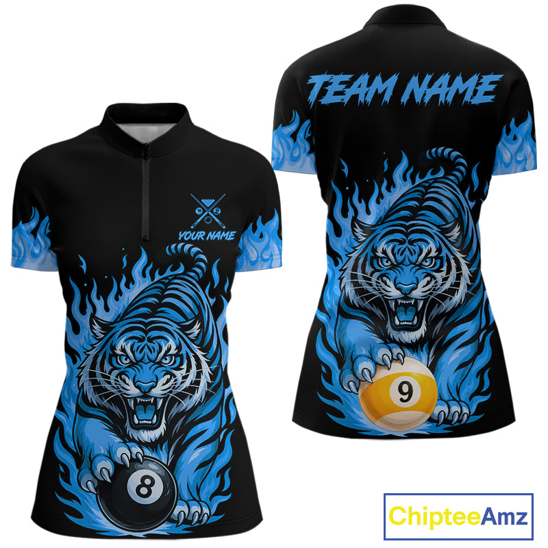 Black And Blue Flame Tiger Billiard Shirts For Women Custom 8 Ball & 9 Ball Pool Team Jersey TDM7308