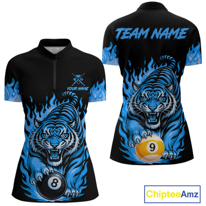 Black And Blue Flame Tiger Billiard Shirts For Women Custom 8 Ball & 9 Ball Pool Team Jersey TDM7308