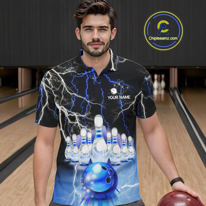 Black And Blue Glowing Thunder Lightning Bowling Shirts For Men Custom Bowling Team Jersey TDM7309