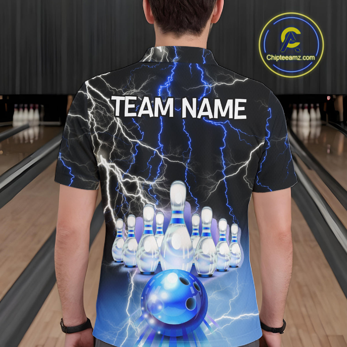 Black And Blue Glowing Thunder Lightning Bowling Shirts For Men Custom Bowling Team Jersey TDM7309