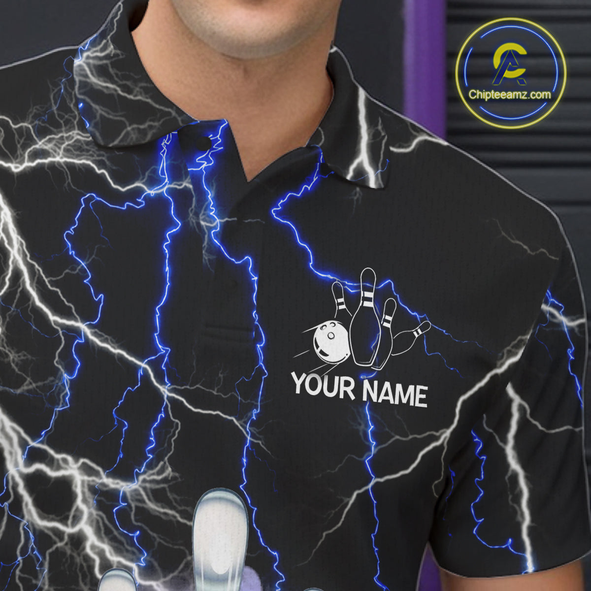 Black And Blue Glowing Thunder Lightning Bowling Shirts For Men Custom Bowling Team Jersey TDM7309
