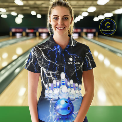 Black And Blue Glowing Thunder Lightning Bowling Shirts For Women Custom Bowling Team Jersey TDM7309