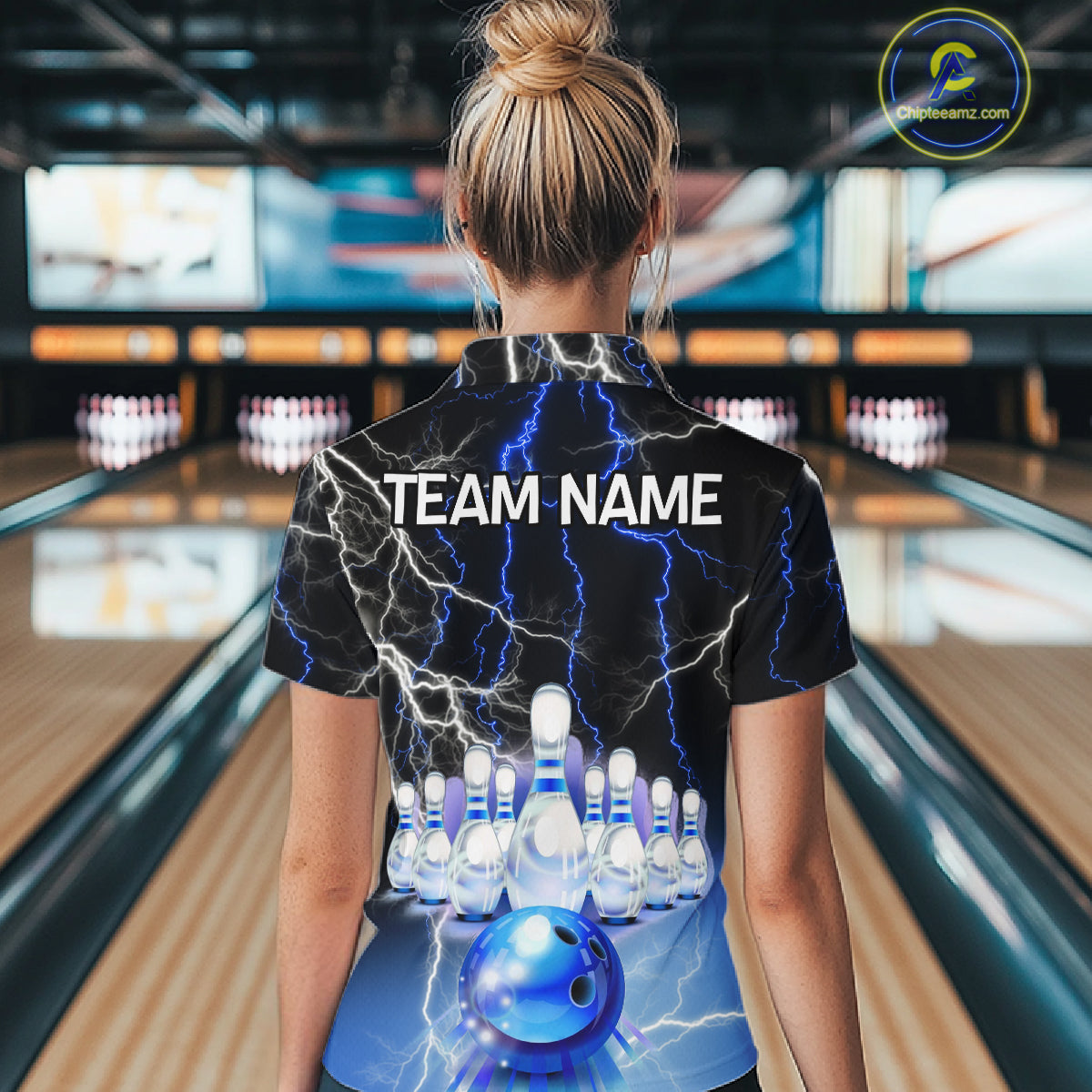 Black And Blue Glowing Thunder Lightning Bowling Shirts For Women Custom Bowling Team Jersey TDM7309