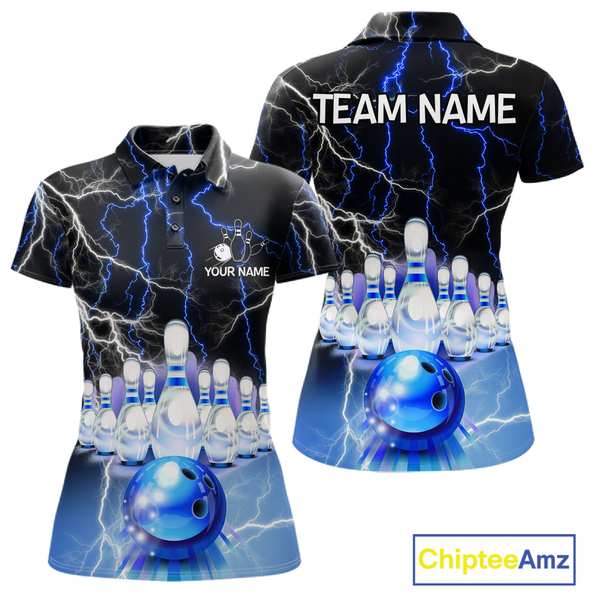 Black And Blue Glowing Thunder Lightning Bowling Shirts For Women Custom Bowling Team Jersey TDM7309