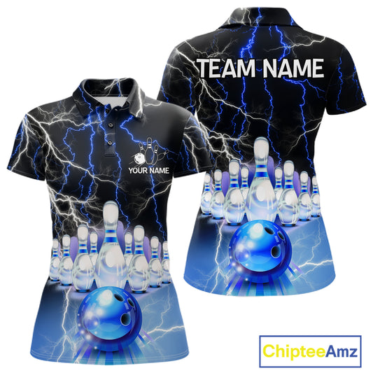 Black And Blue Glowing Thunder Lightning Bowling Shirts For Women Custom Bowling Team Jersey TDM7309