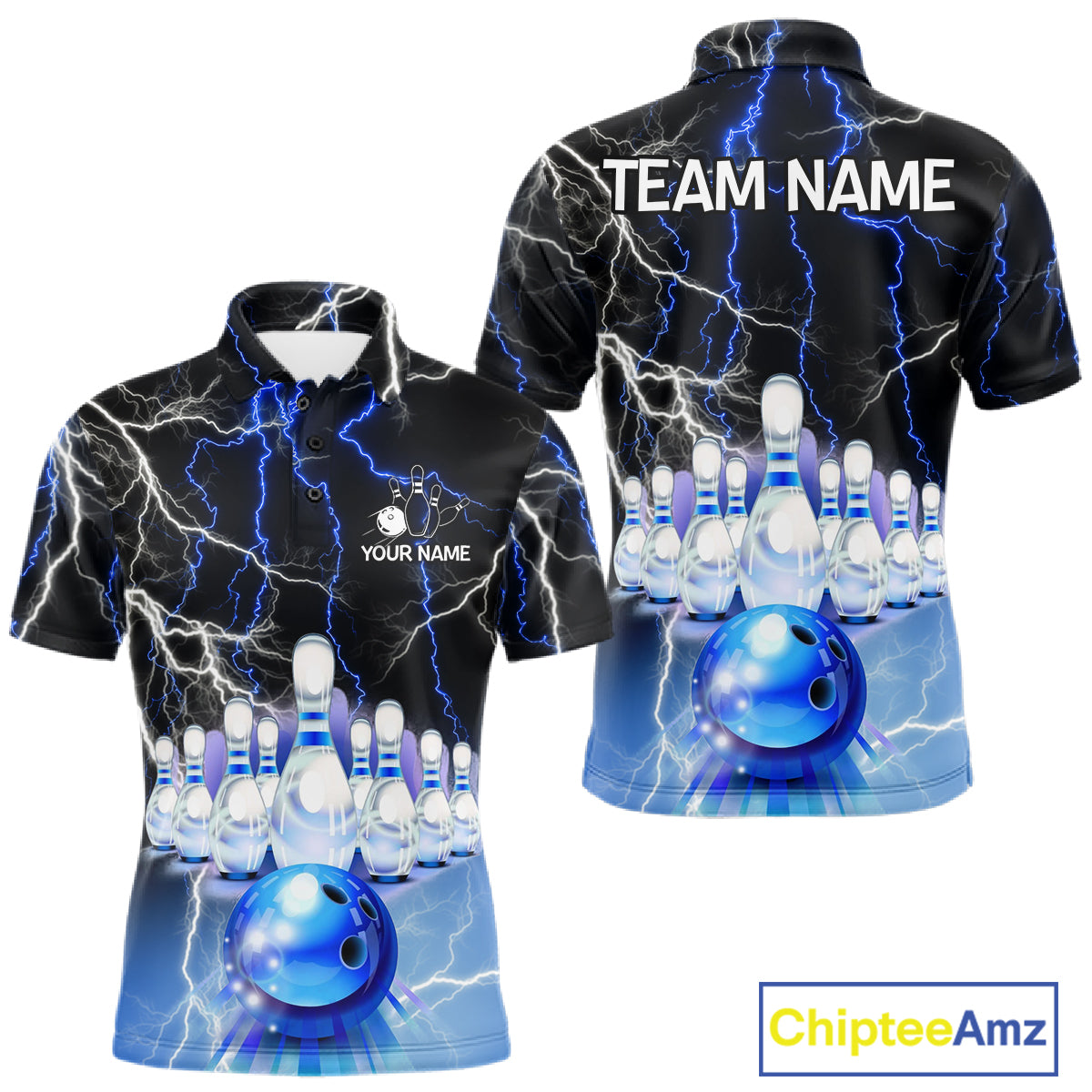 Black And Blue Glowing Thunder Lightning Bowling Shirts For Men Custom Bowling Team Jersey TDM7309