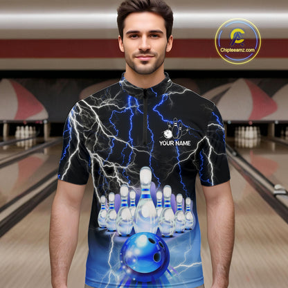 Black And Blue Glowing Thunder Lightning Bowling Shirts For Men Custom Bowling Team Jersey TDM7309
