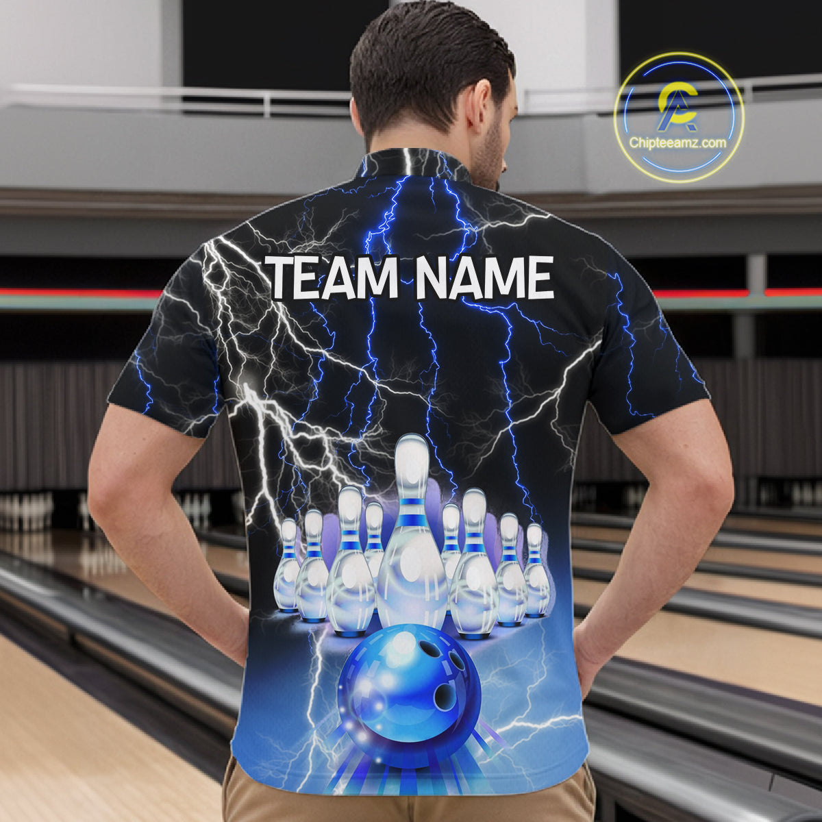Black And Blue Glowing Thunder Lightning Bowling Shirts For Men Custom Bowling Team Jersey TDM7309