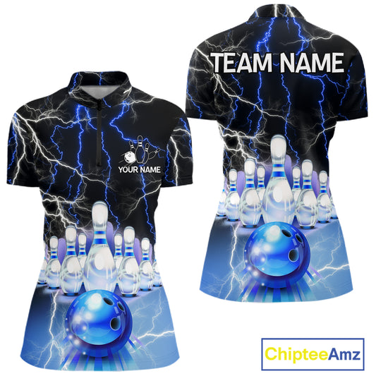 Black And Blue Glowing Thunder Lightning Bowling Shirts For Women Custom Bowling Team Jersey TDM7309
