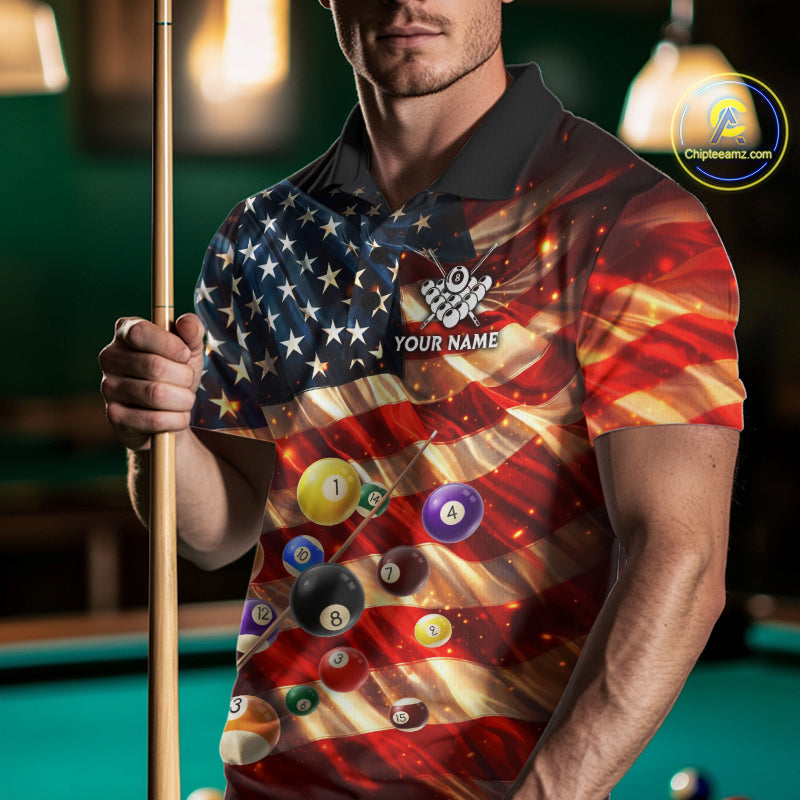 Custom Patriotic Glowing American Flag Billiard Pool Shirt For Men, 8 Ball Billiard Team Jersey TDM7313