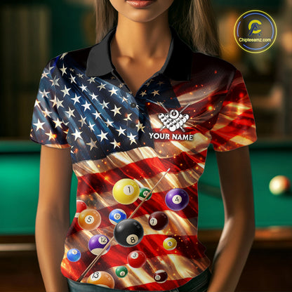 Custom Patriotic Glowing American Flag Billiard Pool Shirt For Women, 8 Ball Billiard Team Jersey TDM7313