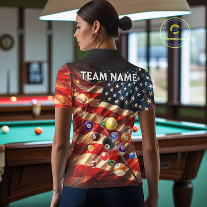 Custom Patriotic Glowing American Flag Billiard Pool Shirt For Women, 8 Ball Billiard Team Jersey TDM7313