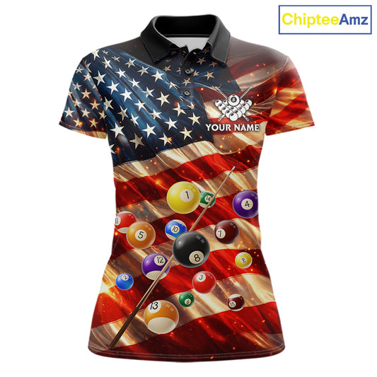 Custom Patriotic Glowing American Flag Billiard Pool Shirt For Women, 8 Ball Billiard Team Jersey TDM7313