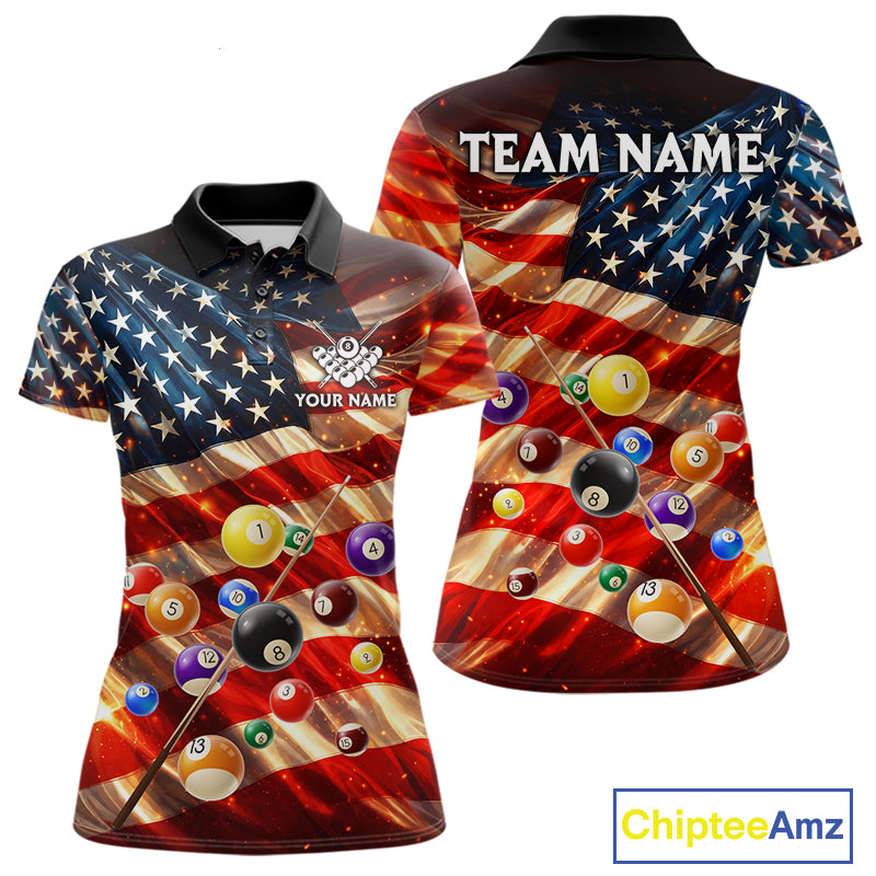 Custom Patriotic Glowing American Flag Billiard Pool Shirt For Women, 8 Ball Billiard Team Jersey TDM7313
