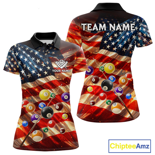 Custom Patriotic Glowing American Flag Billiard Pool Shirt For Women, 8 Ball Billiard Team Jersey TDM7313
