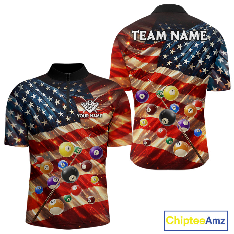 Custom Patriotic Glowing American Flag Billiard Pool Shirt For Men, 8 Ball Billiard Team Jersey TDM7313
