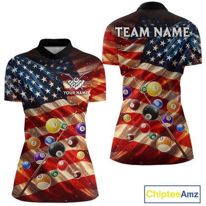 Custom Patriotic Glowing American Flag Billiard Pool Shirt For Women, 8 Ball Billiard Team Jersey TDM7313