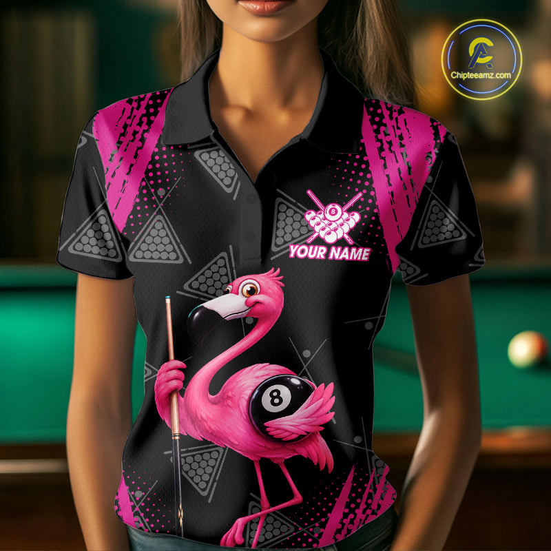 Funny Pink Flamingo 8 Ball Billiard Pool Shirts For Women Custom Billiard Team Jersey Polo, 1/4 Zip TDM7586
