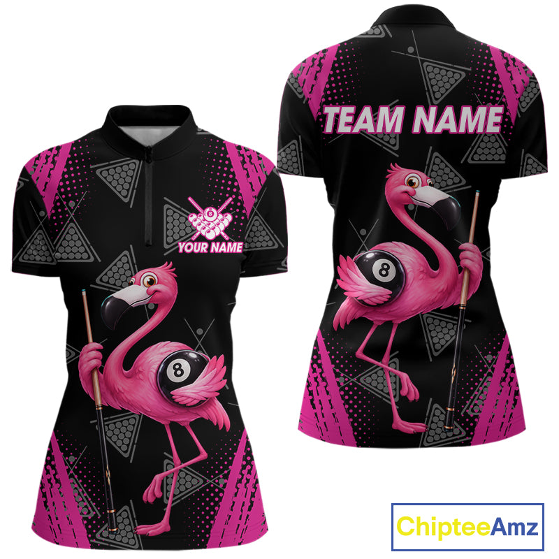 Funny Pink Flamingo 8 Ball Billiard Pool Shirts For Women Custom Billiard Team Jersey Polo, 1/4 Zip TDM7586