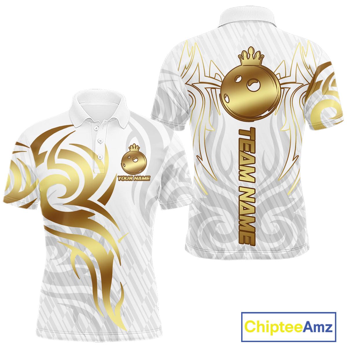 Custom White And Gold Bowling Ball Crown Bowling Shirt For Men, Bowling League Team Jersey TDM7590
