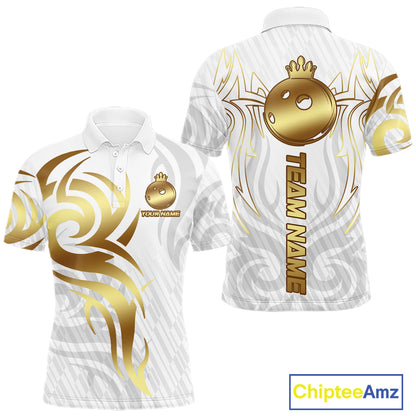 Custom White And Gold Bowling Ball Crown Bowling Shirt For Men, Bowling League Team Jersey TDM7590