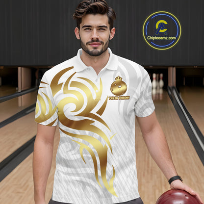 Custom White And Gold Bowling Ball Crown Bowling Shirt For Men, Bowling League Team Jersey TDM7590