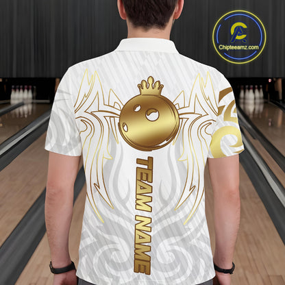 Custom White And Gold Bowling Ball Crown Bowling Shirt For Men, Bowling League Team Jersey TDM7590
