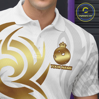 Custom White And Gold Bowling Ball Crown Bowling Shirt For Men, Bowling League Team Jersey TDM7590