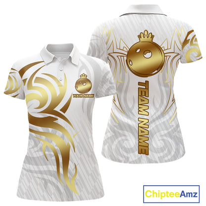 Custom White And Gold Bowling Ball Crown Bowling Shirt For Women, Bowling League Team Jersey TDM7590