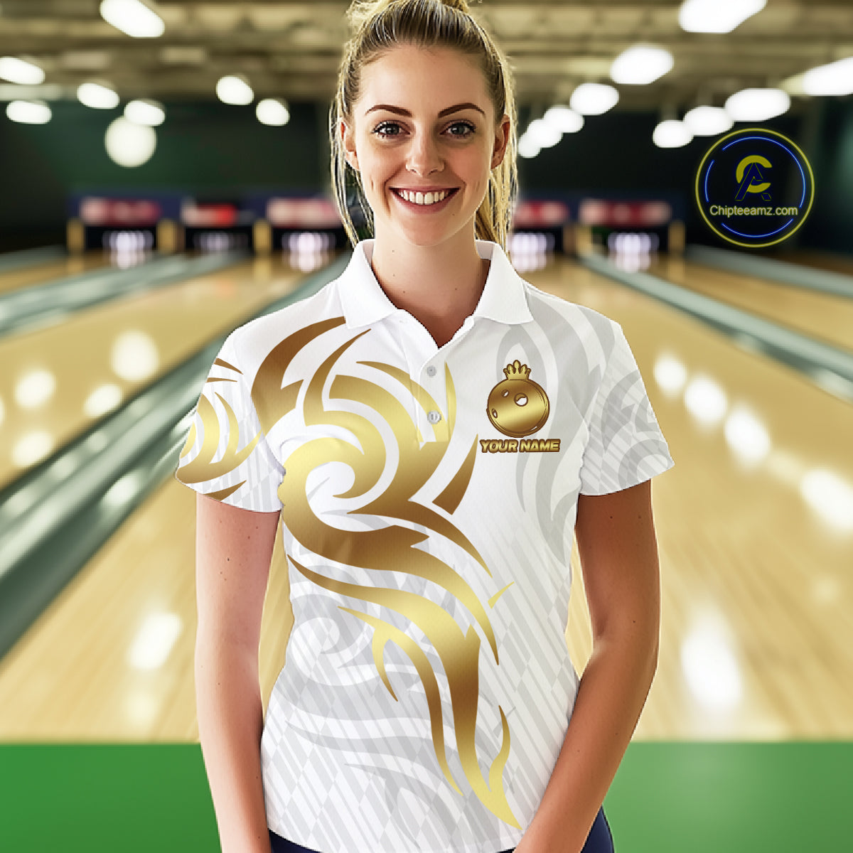 Custom White And Gold Bowling Ball Crown Bowling Shirt For Women, Bowling League Team Jersey TDM7590