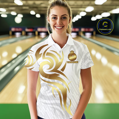 Custom White And Gold Bowling Ball Crown Bowling Shirt For Women, Bowling League Team Jersey TDM7590