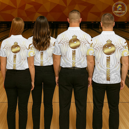 Custom White And Gold Bowling Ball Crown Bowling Shirt For Men, Bowling League Team Jersey TDM7590