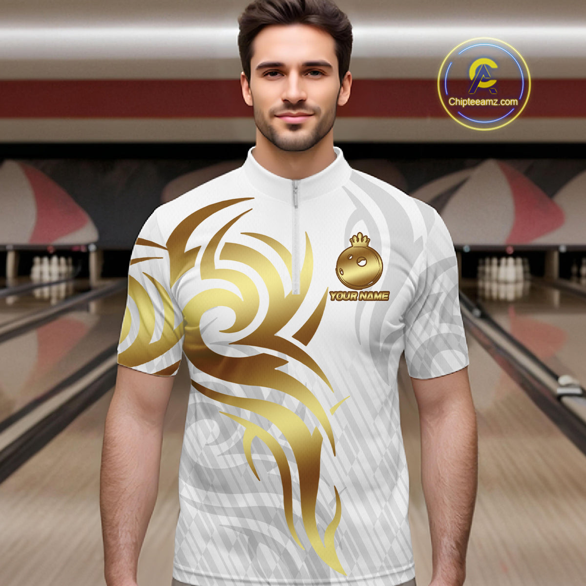 Custom White And Gold Bowling Ball Crown Bowling Shirt For Men, Bowling League Team Jersey TDM7590
