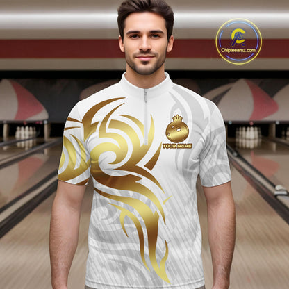 Custom White And Gold Bowling Ball Crown Bowling Shirt For Men, Bowling League Team Jersey TDM7590