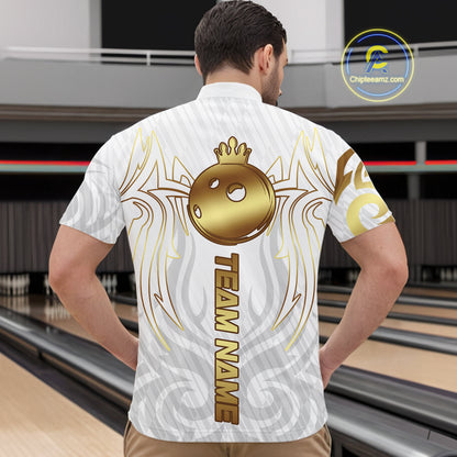 Custom White And Gold Bowling Ball Crown Bowling Shirt For Men, Bowling League Team Jersey TDM7590