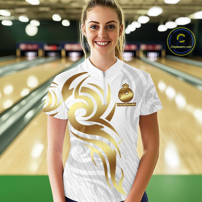 Custom White And Gold Bowling Ball Crown Bowling Shirt For Women, Bowling League Team Jersey TDM7590